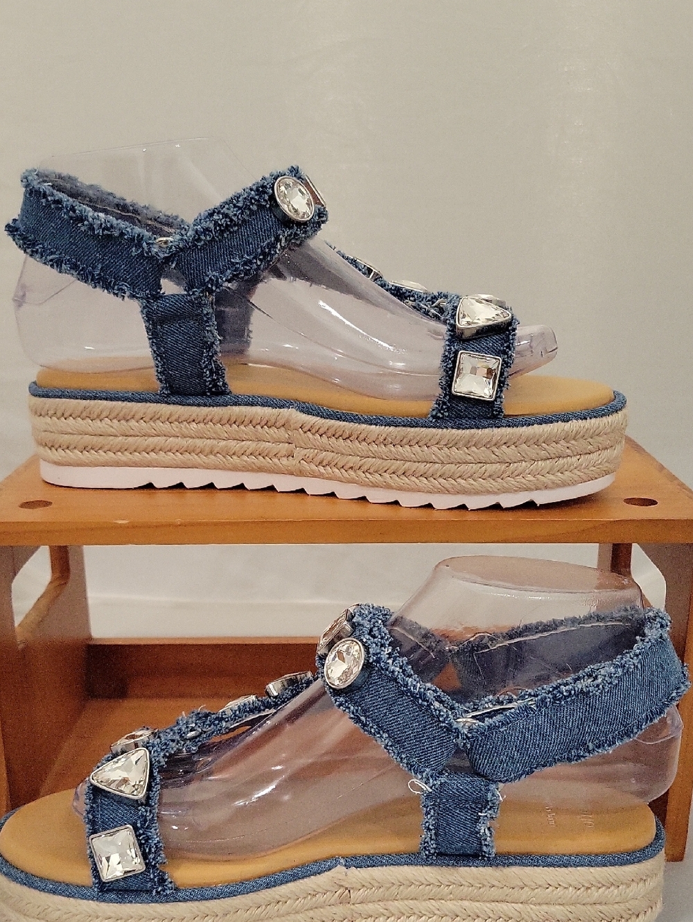 Gianni Bini Denim Jeweled Espadrille Platform Sandals - Blue